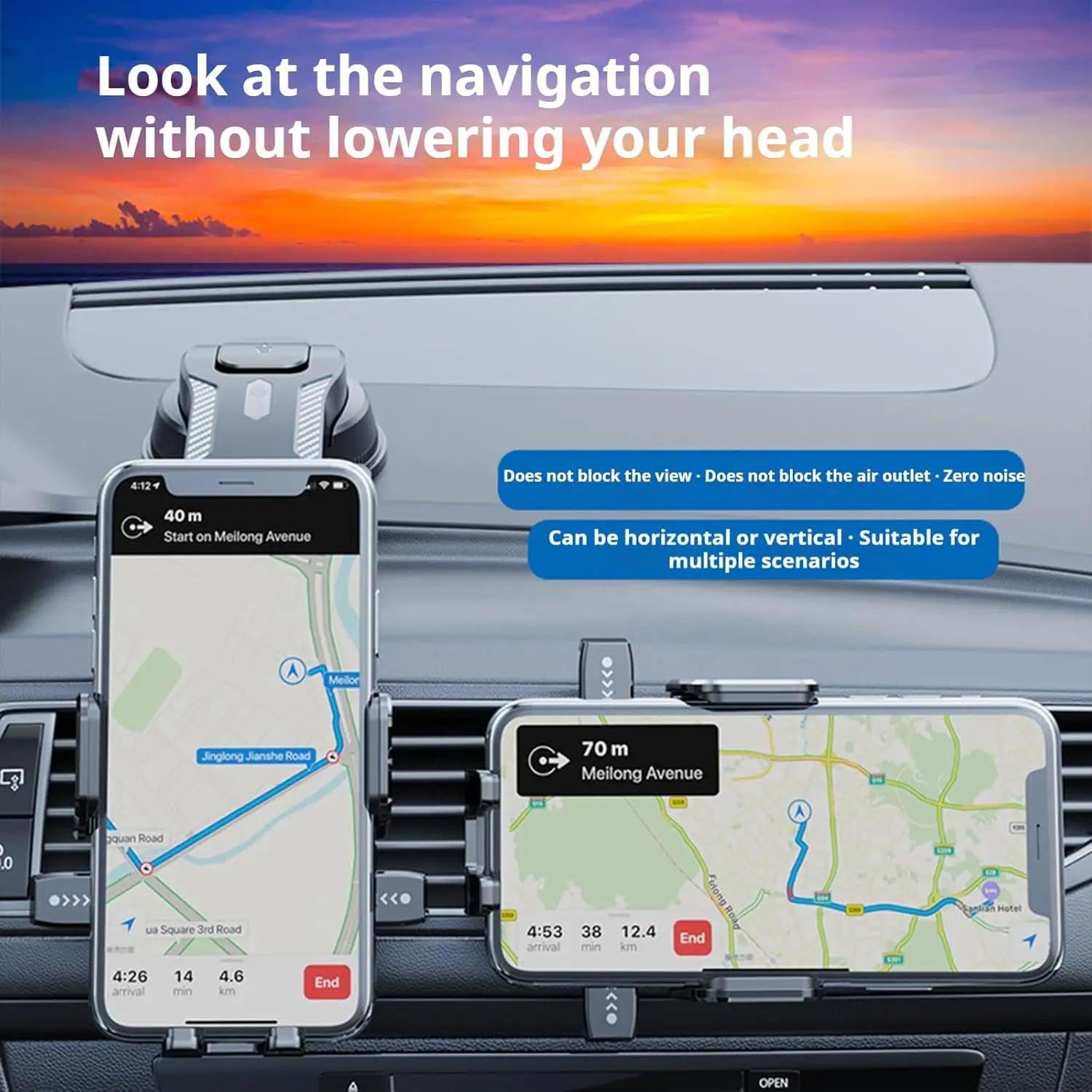 Adjustable Dashboard Car Cell Phone Holder with Telescopic Arm & Side Grips, 360 Degree Swivel Suction Cup Mount