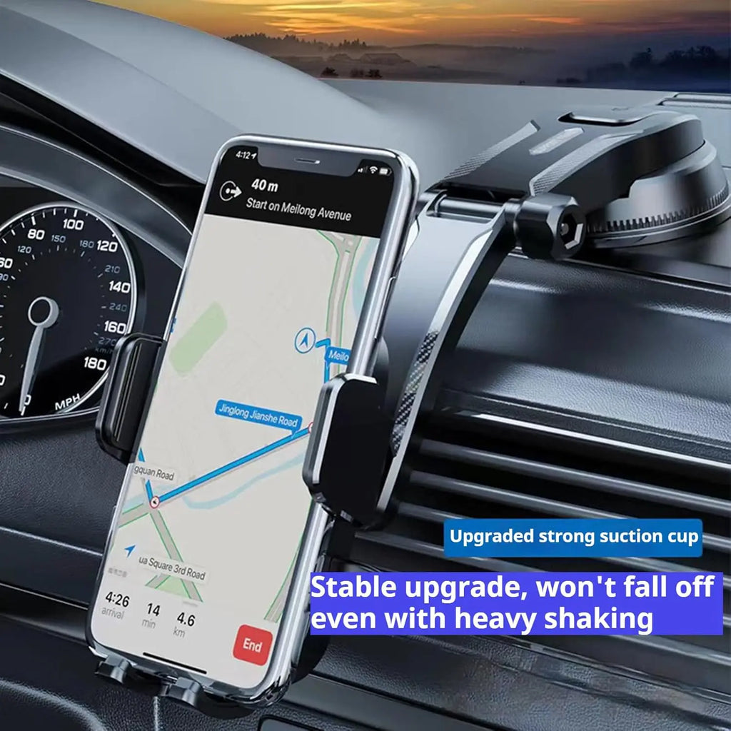 Adjustable Dashboard Car Cell Phone Holder with Telescopic Arm & Side Grips, 360 Degree Swivel Suction Cup Mount