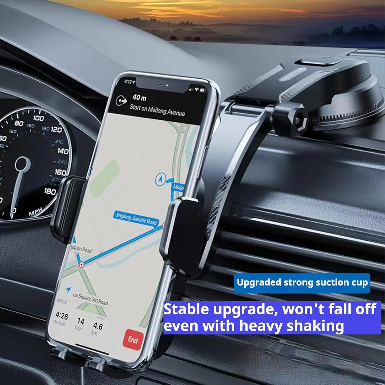 Adjustable Dashboard Car Cell Phone Holder with Telescopic Arm & Side Grips, 360 Degree Swivel Suction Cup Mount