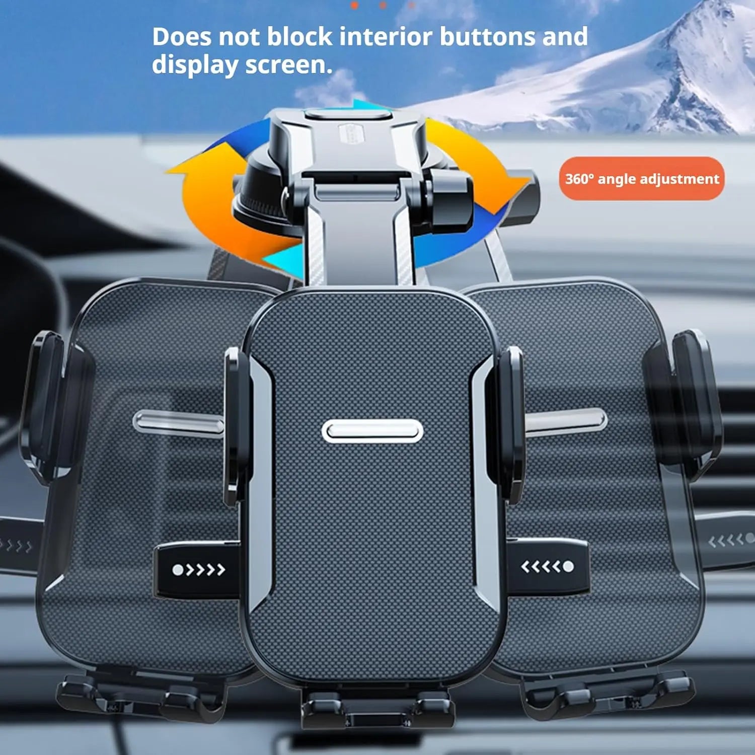 Adjustable Dashboard Car Cell Phone Holder with Telescopic Arm & Side Grips, 360 Degree Swivel Suction Cup Mount