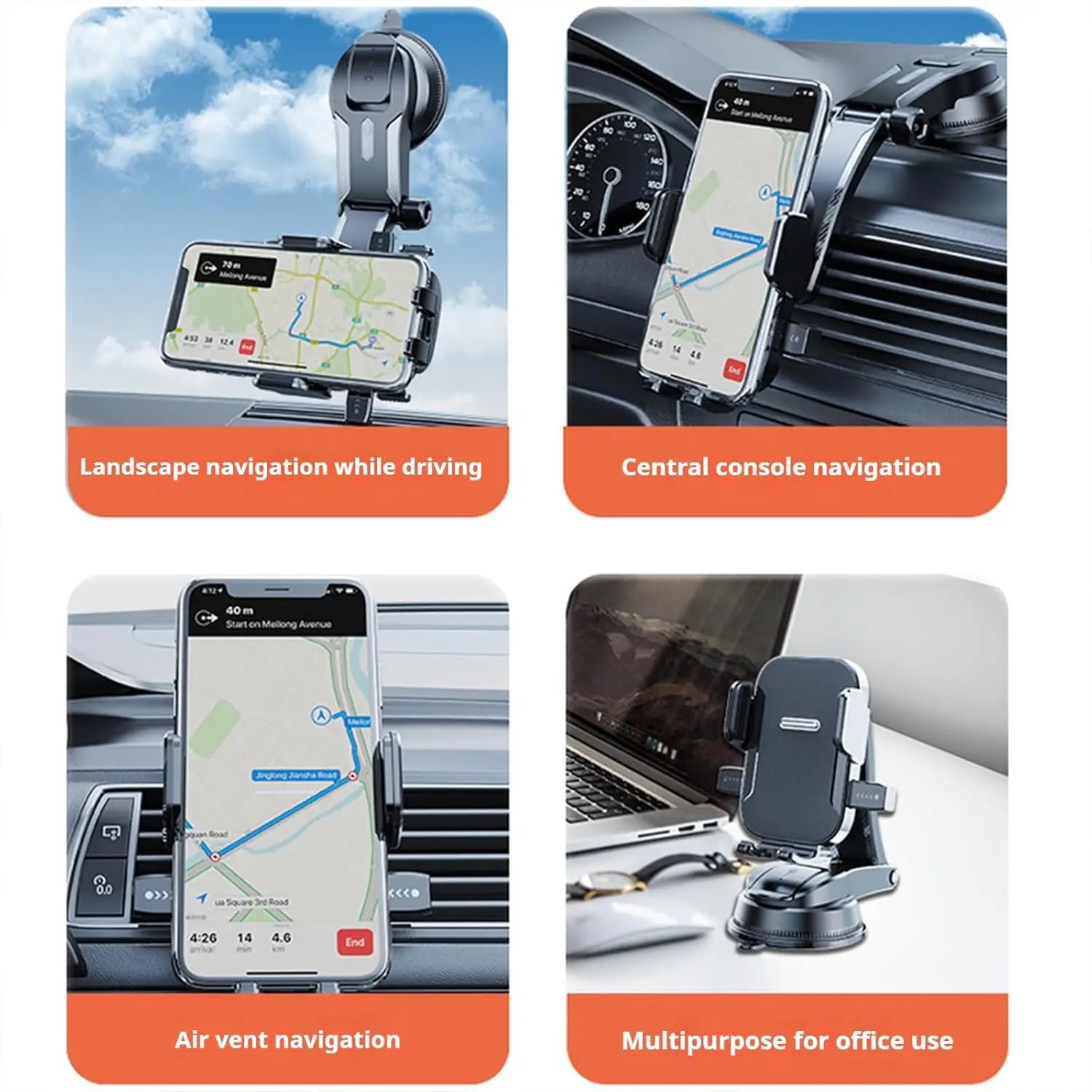 Adjustable Dashboard Car Cell Phone Holder with Telescopic Arm & Side Grips, 360 Degree Swivel Suction Cup Mount